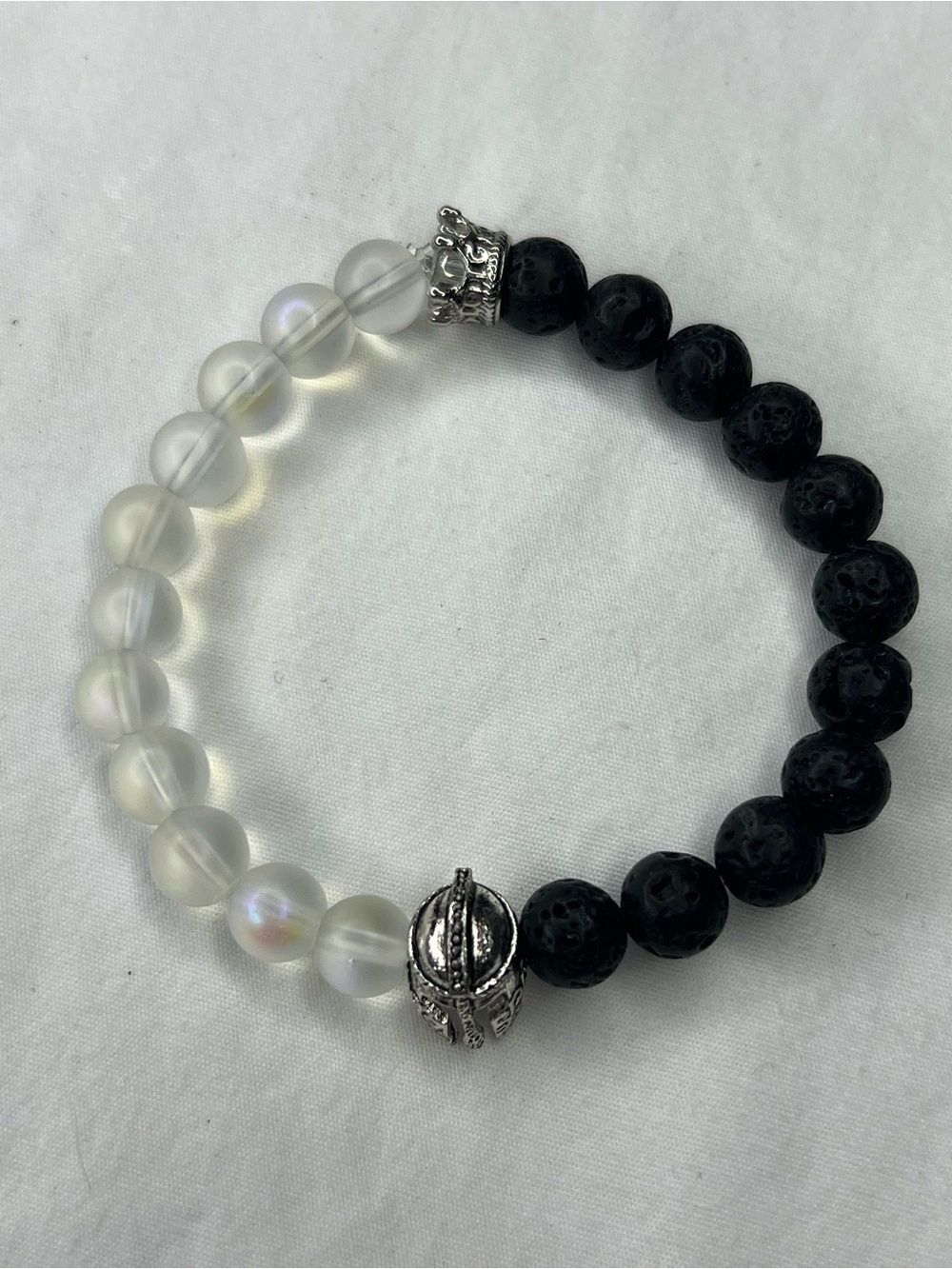 Black and White Beaded Lava Stone Bracelet with Clear moon Beads